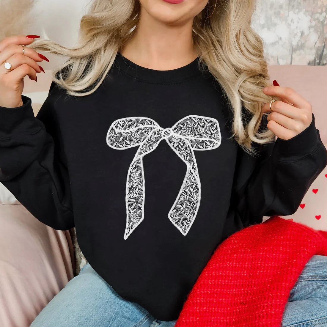 Valentine White Lace "PRINT" Bow Sweatshirt